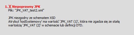 Scalane pliki jpk - przykładowy komunikat w przypadku niezgodności schematu danych XSD.